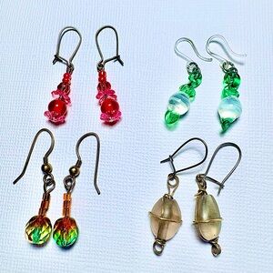 Handcrafted 4 pair BUNDLE 1 PRICE Red/Pink, Green/Crystal, Orange/Green, Gray